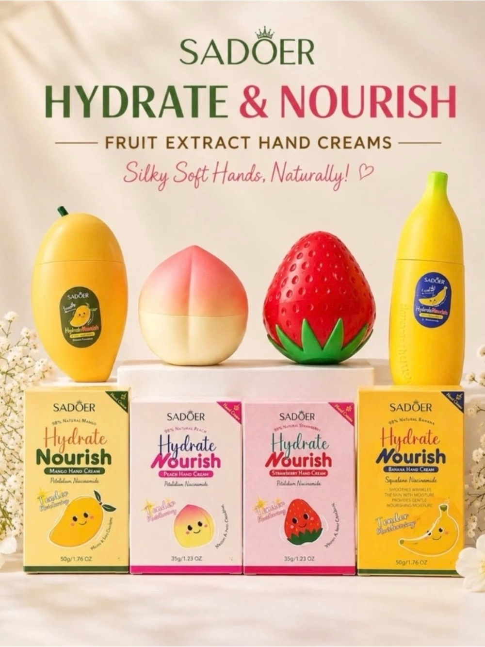 Sadoer Fruit Hand Cream Bundle Mango, Peach, Strawberry, Banana
